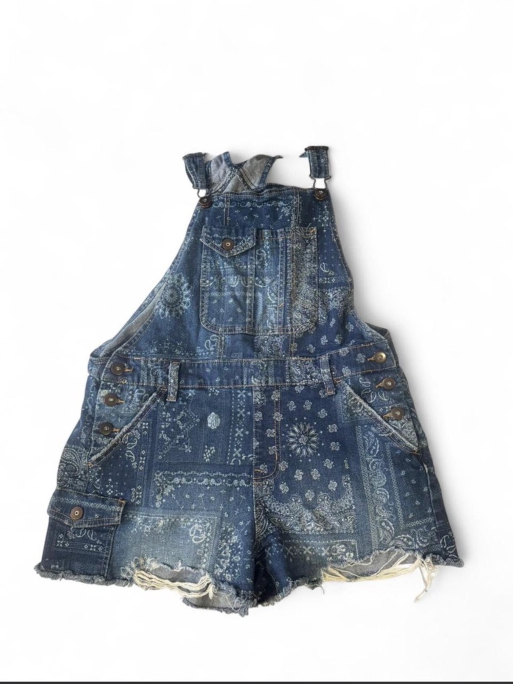 No Boundaries Indigo Bandana Print Short Overalls